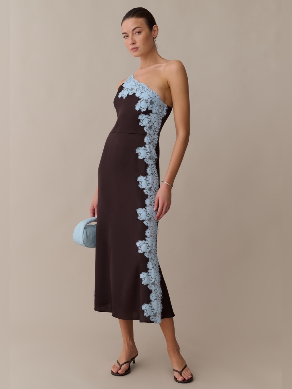 NWT o.p.t Aiko Brown Blue Lace One Shoulder Midi Dress Size 8